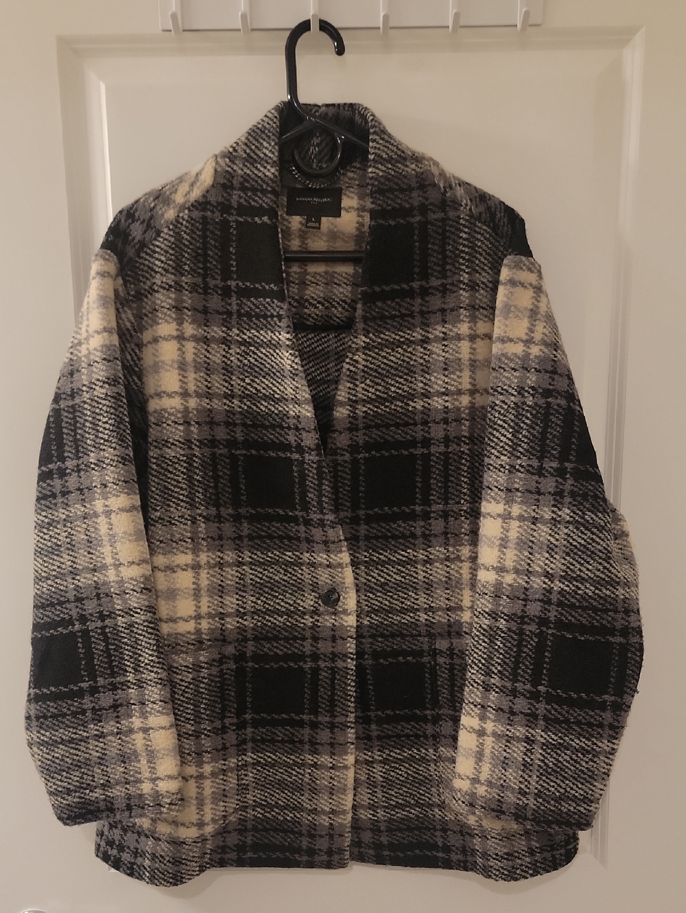 Womens Plaid Button-Front Coatigan - Black & Cream